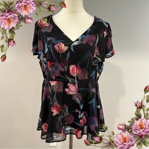 Bloomchick tulip Floral print Black short sleeve peplum Top/blouse